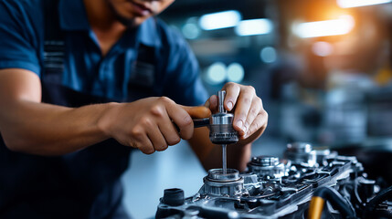 Car engine servicing, mechanic hands working, automotive repair procedure, motor maintenance task, workshop environment visible, professional technician activity, faceless worker d