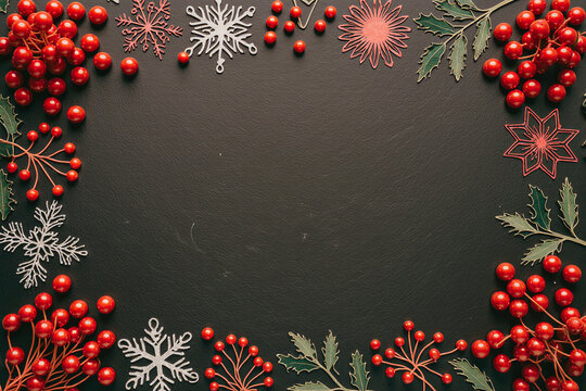 Festive christmas border of red berries and snowflakes on dark background - Powered by Adobe