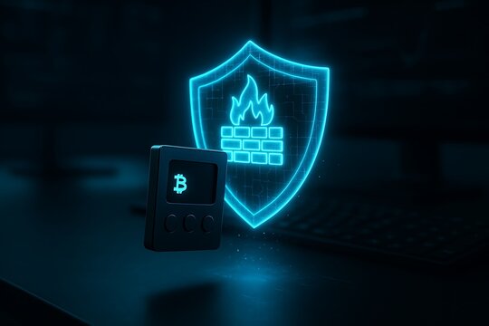 Cryptocurrency Security Concept with Digital Firewall and Bitcoin Hardware Wallet - Powered by Adobe