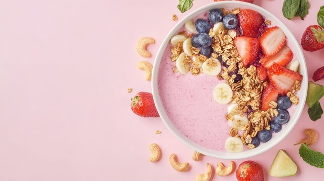 Delicious Delight: A vibrant breakfast bowl of strawberries, blueberries, and bananas, sprinkled with granola, and cashews on a delicate pink background.