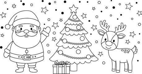 Cute Santa Claus and reindeer standing near decorated Christmas tree, vector outline illustration for kids coloring book and holiday greeting card. ©  Creative Crafter