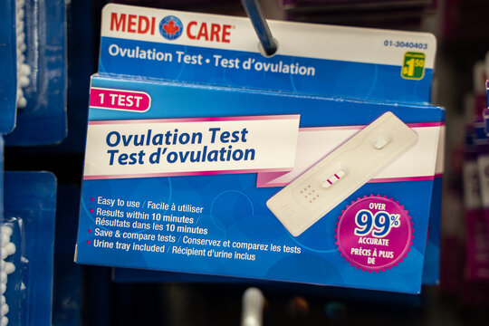 Close up of ovulation test kit box on store display. Toronto, Canada - November 26, 2025.