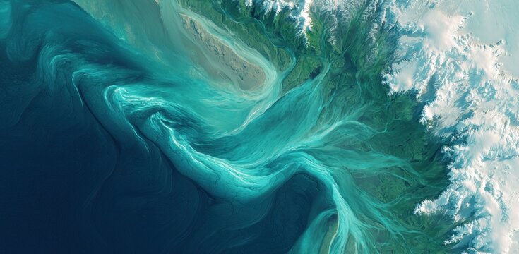Oceanic Artistry: An ethereal image captures the captivating dance of ocean currents, showcasing swirling patterns of turquoise and cyan, revealing nature's abstract beauty. - Powered by Adobe