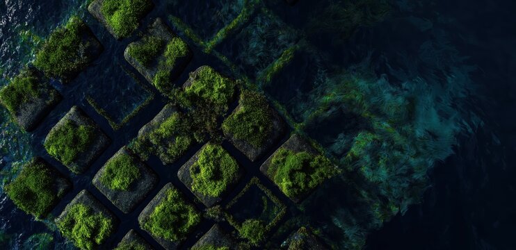 Aerial view of Green Isle: An aerial shot presents a grid of vibrant green structures, seemingly rising from the depths, hinting at a hidden world or an innovative environmental endeavor.