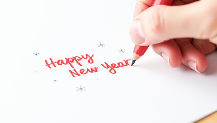 A red pencil writes happy New year on paper