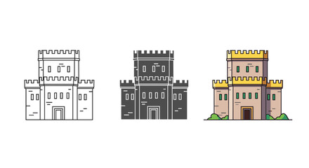 Fototapeta premium Illustration of a medieval castle with towers and battlements, presented in outline, silhouette, and full color isolated on white background