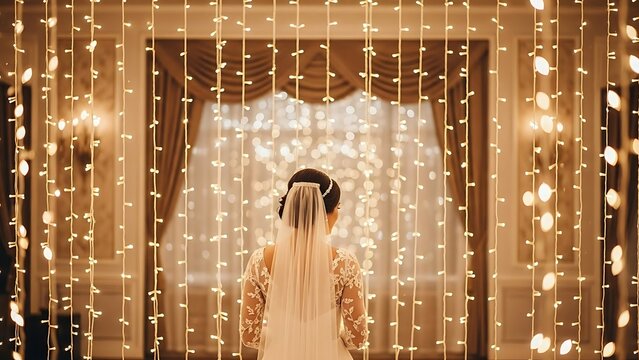 Elegant bride stands before a shimmering curtain of lights, dreaming of her future on her magical wedding day, creating a beautiful, romantic scene