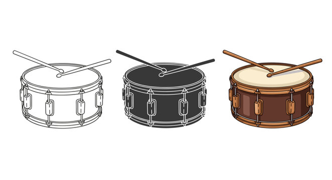 Set of snare drums in different styles isolated on white background outline, silhouette and color versions of percussion musical instrument with drumsticks
