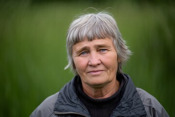 Portrait of a thoughtful, mature woman with grey hair in a natural setting.