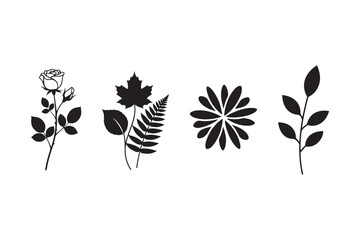 Naklejka premium Collection of black and white botanical illustrations of flowers and leaves