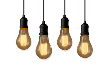 Vintage edison light bulbs illuminate with warm glow, hanging pendant lamps on transparent background, retro incandescent filament design