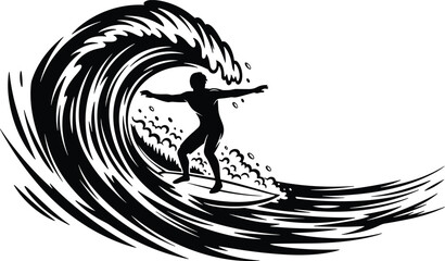 Silhouette of surfer riding inside big wave barrel, extreme water sport vector illustration for summer beach lifestyle, surfing competition, and ocean travel design.