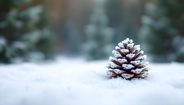 A perfectly frosted pine cone on powdery snow highlights serene winter nature with crisp texture and peaceful natural tones surrounding the composition