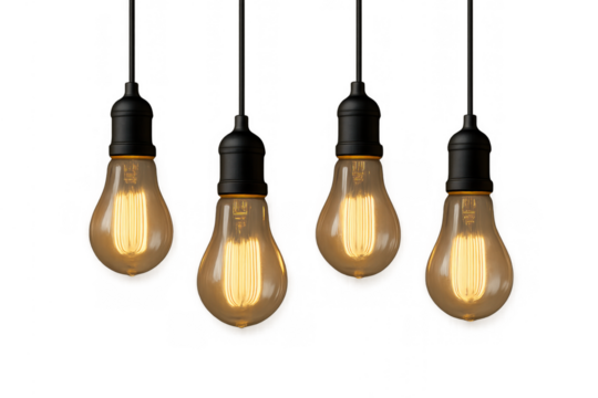 Vintage edison light bulbs illuminate with warm glow, hanging pendant lamps on transparent background, retro incandescent filament design