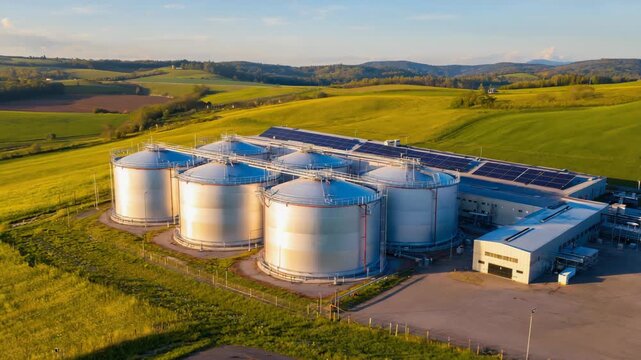 Aerial view of a modern agricultural plant with large storage silos at sunset. Renewable energy concept with solar panels on the roof in a beautiful rural landscape