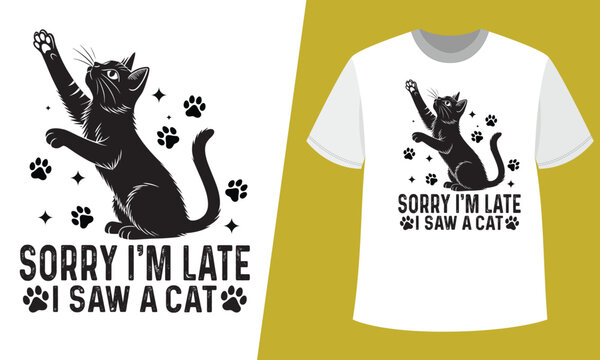 Playful black cat vector illustration with paw up, paw prints, and funny quote design.
