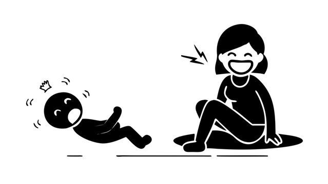 A playful mother sitting on the floor, making funny faces while her baby laughs joyfully
