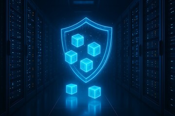 Digital Data Security with Glowing Shield in Server Room