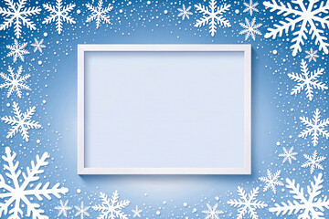 Empty white frame surrounded by snowflakes and winter snowfall