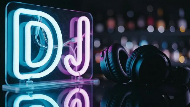 DJ neon sign and headphones on bar counter music club event