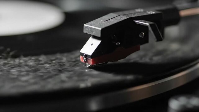 Stylus on Vinyl Record Playing Classic Music Turntable Close Up