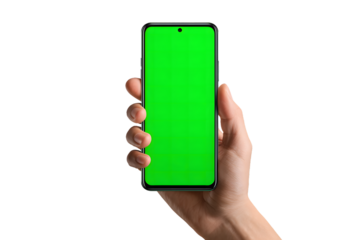 Hand Holding Smartphone with Green Screen for Product Placement and Advertisement Purposes