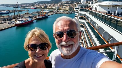 Seaside Serenity: A smiling senior couple enjoys the panoramic vista of the open sea from the deck of a majestic cruise ship, a shared moment of joy and maritime experience.