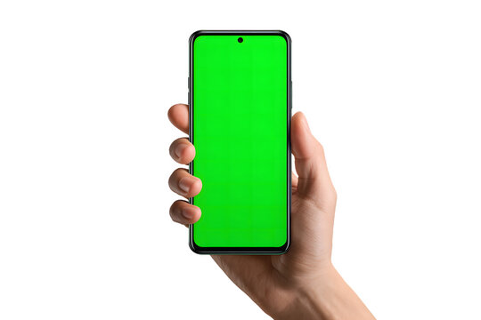 Hand Holding Smartphone with Green Screen for Product Placement and Advertisement Purposes