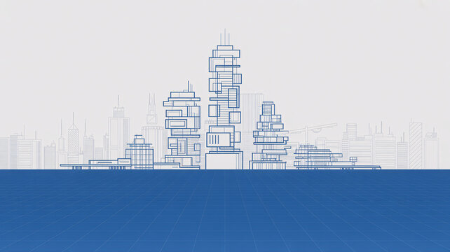 Dynamic blueprint of vibrant urban skyline with geometric modern buildings for architectural visualization or innovative city planning project with a futuristic edge