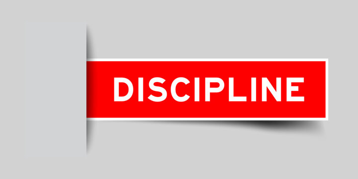 Red color square shape sticker label with word discipline inserted in gray background