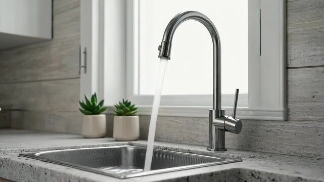 Close up of a contemporary kitchen sink with running water from a chrome faucet. Modern home interior design with granite countertops and stylish plumbing fixtures for renovation