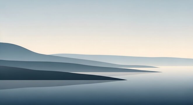 Serene coastal landscape with layered mountains and tranquil water under a misty sky.