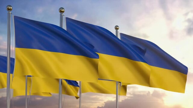 A row of ukrainian flags waving on flagpoles against a dramatic sunset sky. National symbol of ukraine representing patriotism, freedom and sovereignty