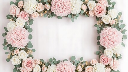 Elegant floral frame with roses and hydrangeas creating a beautiful border for wedding invitations or romantic designs, perfect for spring