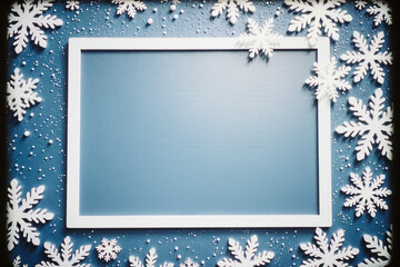 Blank white frame surrounded by snowflakes on a blue background