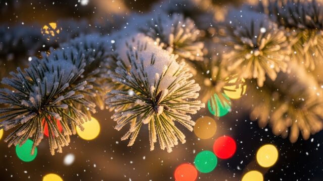 Close up of frosted pine tree branches adorned with colorful bokeh christmas lights creating a festive holiday atmosphere