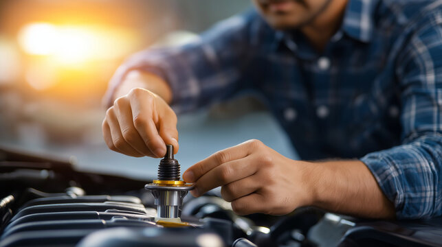 PCV valve replacement, automotive emission service, mechanic installing component, professional maintenance procedure, engine bay work focus, crankcase ventilation care, faceless w