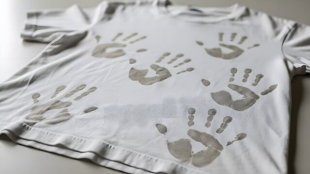 White T-shirt with handprints, creative art, children's craft concept, handprint design.