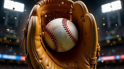 Close-up of a leather baseball glove catching a ball amidst flying dust particles and bright stadium lights in a cinematic 3D animation, illustrating sports competition concepts. - Powered by Adobe