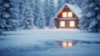 Cozy wooden cabin nestled in a snowy forest with warm glowing windows and falling snowflakes