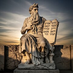 A seated stone figure with a long beard and flowing hair, holding tablets inscribed with text against a colorful sunset backdrop