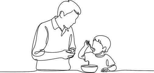 Continuous line art of a father or guardian watching a young child eating from a bowl, depicting parental care, guidance, and family mealtime Vector, illustration