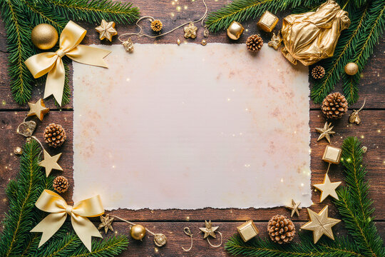 Festive christmas border with blank parchment paper for text and decorations