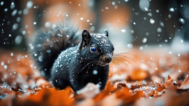 A black squirrel covered in snow amidst autumn leaves.