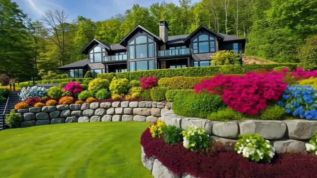 Luxurious Estate with Blossoming Landscape: A stunning, grand estate with a captivating panorama of lush green lawn and vibrant floral displays, exuding an ambiance of opulence and tranquility. 