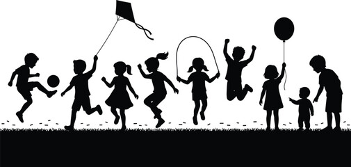 Group of active children playing silhouettes outdoors, kicking a ball, jumping rope, and flying a kite, symbolizing carefree youth, fun, and healthy summer activities.