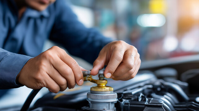 Radiator cap inspection, automotive cooling system, mechanic testing pressure, professional diagnostic procedure, engine bay component check, seal condition assessment, faceless wo