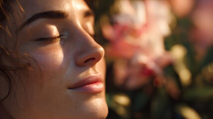 Obraz premium Close-up Portrait of a Serene Woman with Closed Eyes, Freckles, and Dewy Skin, Bathed in Warm Golden Light, Surrounded by Softly , Evoking a Sense of Peace, Tranquility, and Natural Beauty