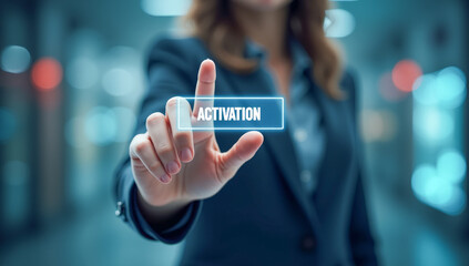 hand presses the virtual activation button, close-up