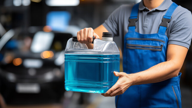 Fluid disposal container, automotive service equipment, mechanic handling waste, professional environmental care, garage workshop activity, proper disposal procedure, faceless work - Powered by Adobe